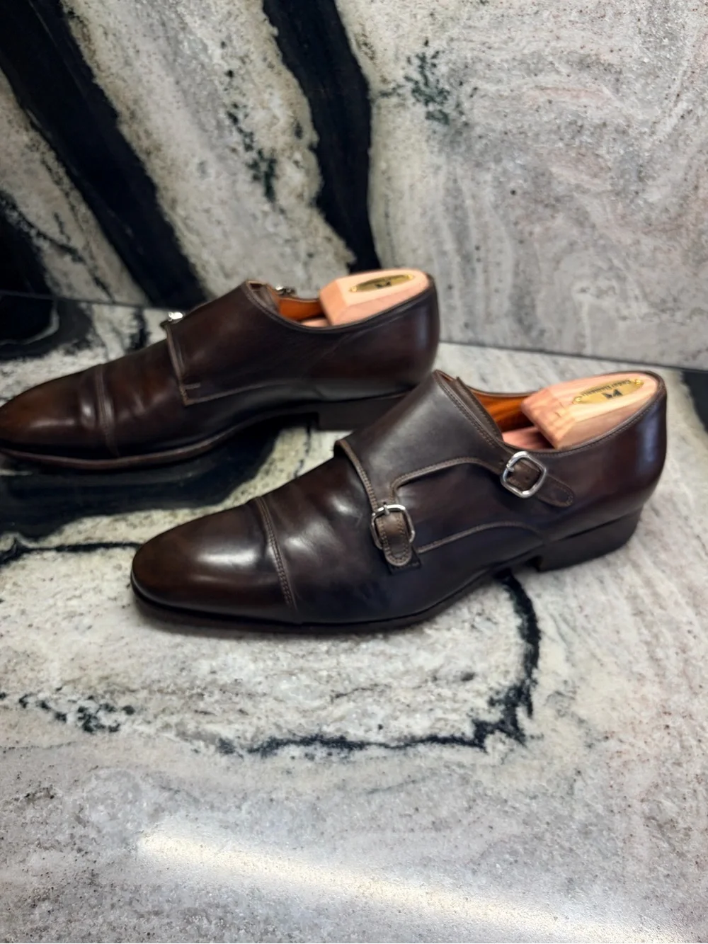 Santoni Fatte a Mano Brown Double Monk Strap Shoes UK 8.5 US 9.5 Handmade Italy